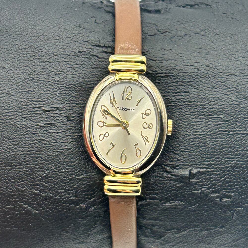 Carriage Gold Slim Brown Leather Women’s Watch Working New Battery